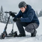 Adulte inspectant les fixations d'une patinette ski sur une piste de montagne enneigée