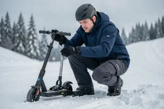 Adulte inspectant les fixations d'une patinette ski sur une piste de montagne enneigée