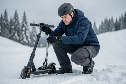 Adulte inspectant les fixations d'une patinette ski sur une piste de montagne enneigée