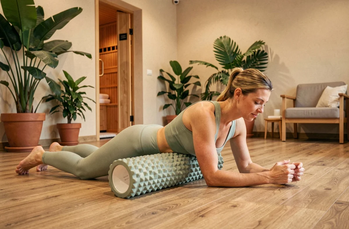Femme utilisant un foam roller dans un espace bien-être avec plantes tropicales et ambiance spa à Perpignan