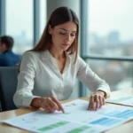 Femme cadre analysant la répartition des points P100 sur des documents de performance dans un bureau moderne