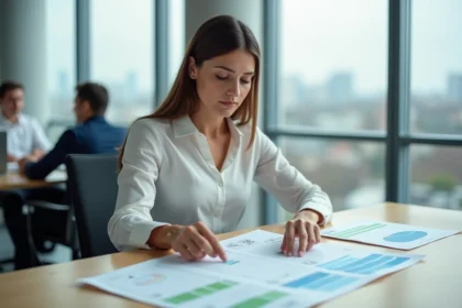 Femme cadre analysant la répartition des points P100 sur des documents de performance dans un bureau moderne
