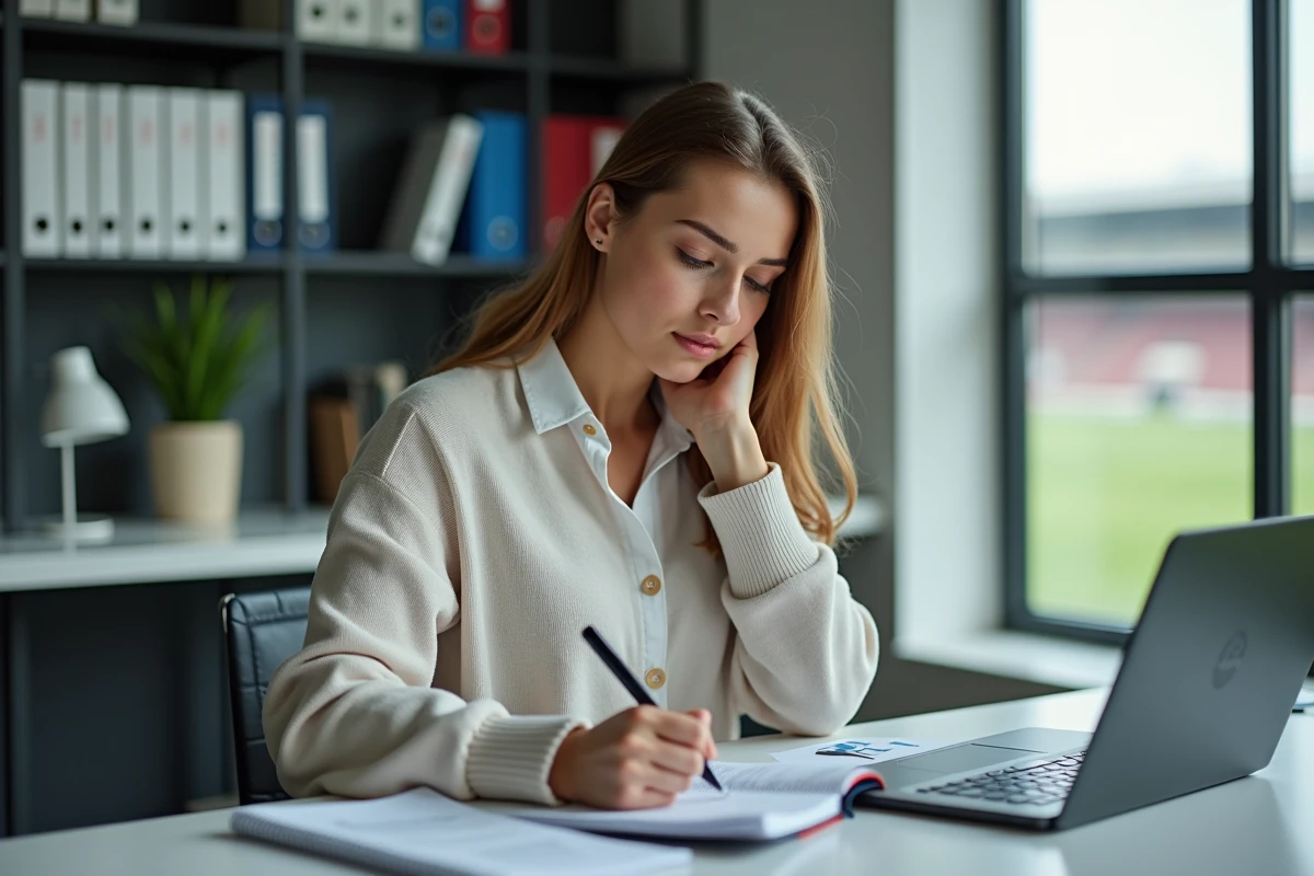 Jeune femme analyste rugby au bureau avec statistiques