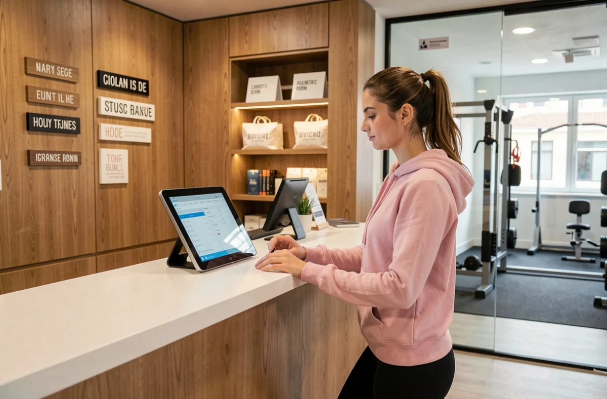 Jeune femme s'enregistrant à la réception d'un studio fitness boutique avec intérieur en bois à Perpignan