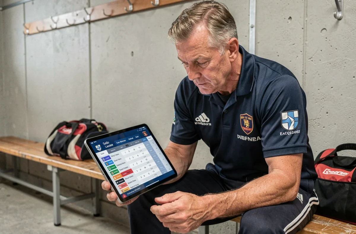 Arbitre de rugby consultant le classement r1 Nouvelle Aquitaine sur une tablette numérique dans un vestiaire