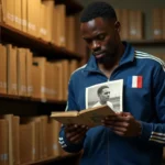 Athlète français consultant des archives historiques de l'athlétisme dans une salle de recherche