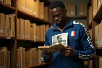 Athlète français consultant des archives historiques de l'athlétisme dans une salle de recherche