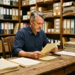 Homme consultant des documents d'archives historiques sur un bureau en bois dans une salle d'archives professionnelle