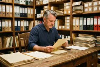 Homme consultant des documents d'archives historiques sur un bureau en bois dans une salle d'archives professionnelle
