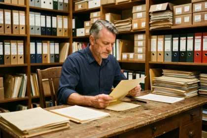 Homme consultant des documents d'archives historiques sur un bureau en bois dans une salle d'archives professionnelle