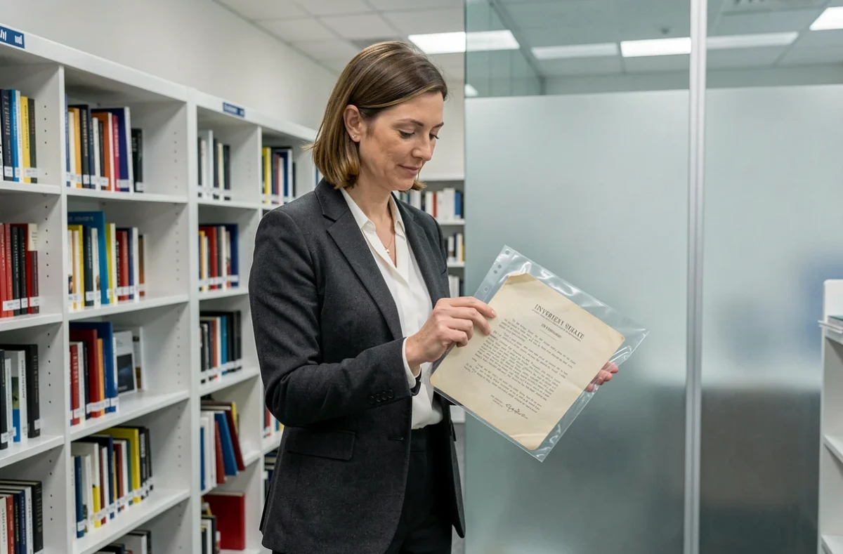 Archiviste professionnelle tenant un document d'interview historique dans une salle de recherche bibliothécaire moderne