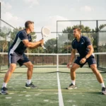 Deux joueurs de padel en double sur un court extérieur en verre, positionnés en formation optimale pour maximiser leur couverture du terrain en compétition P250