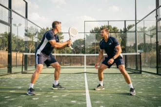 Deux joueurs de padel en double sur un court extérieur en verre, positionnés en formation optimale pour maximiser leur couverture du terrain en compétition P250