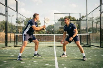 Deux joueurs de padel en double sur un court extérieur en verre, positionnés en formation optimale pour maximiser leur couverture du terrain en compétition P250