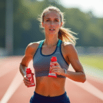 athlete femme en course avec gel et bouteille d'eau