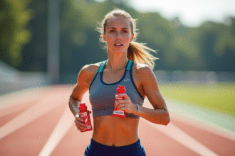 athlete femme en course avec gel et bouteille d'eau