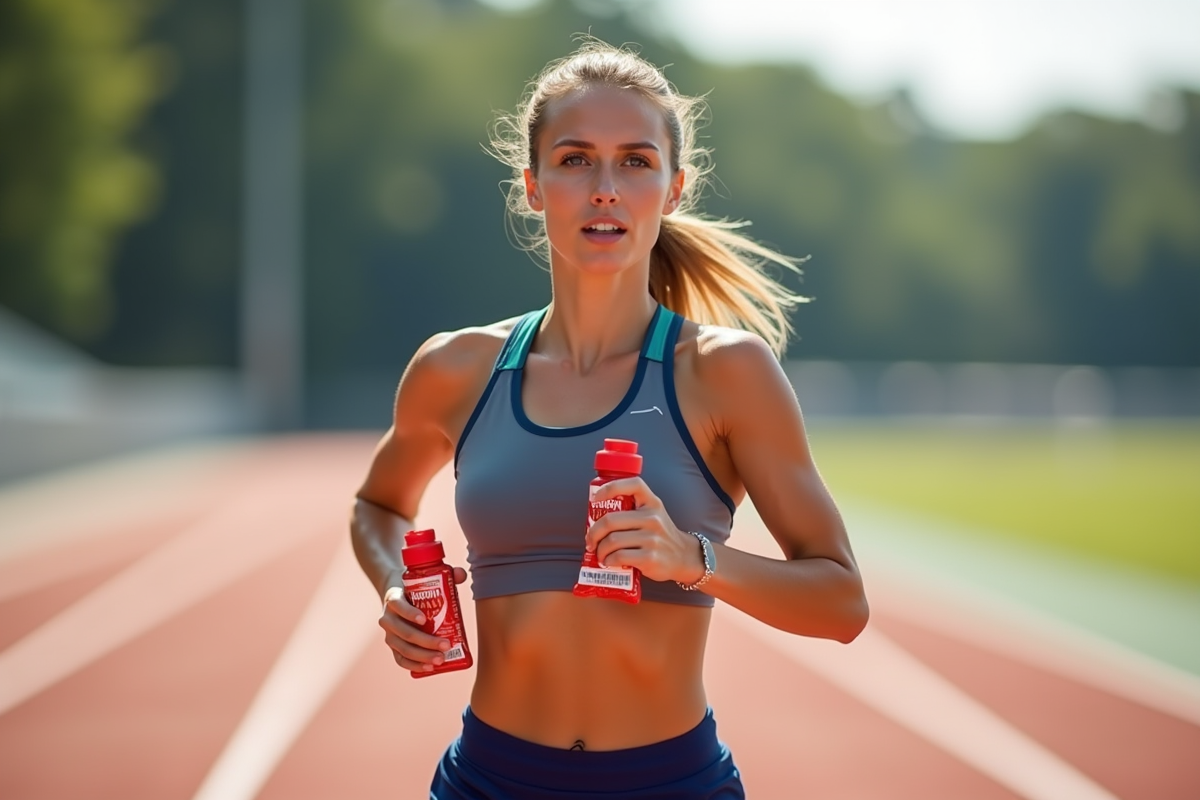 athlete femme en course avec gel et bouteille d'eau