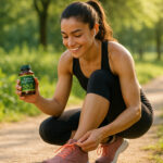 Jeune athlète attachant ses chaussures dans un parc ensoleille avec des plantes vertes
