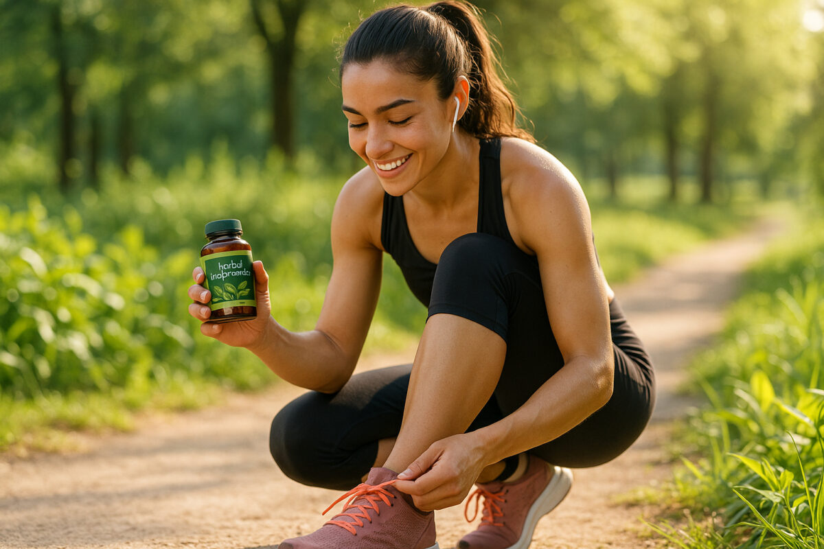 Jeune athlète attachant ses chaussures dans un parc ensoleille avec des plantes vertes