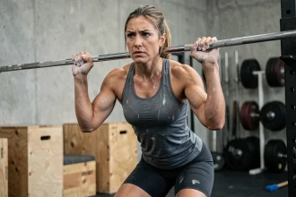 Athlète féminine effectuant des tractions dans un box CrossFit pour l'Open 2026, illustrant le choix entre Rx et scaled
