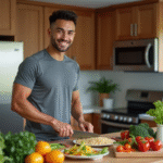 Jeune athlète préparant un repas vegan coloré dans une cuisine moderne