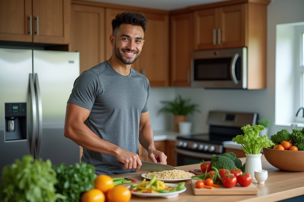 Jeune athlète préparant un repas vegan coloré dans une cuisine moderne