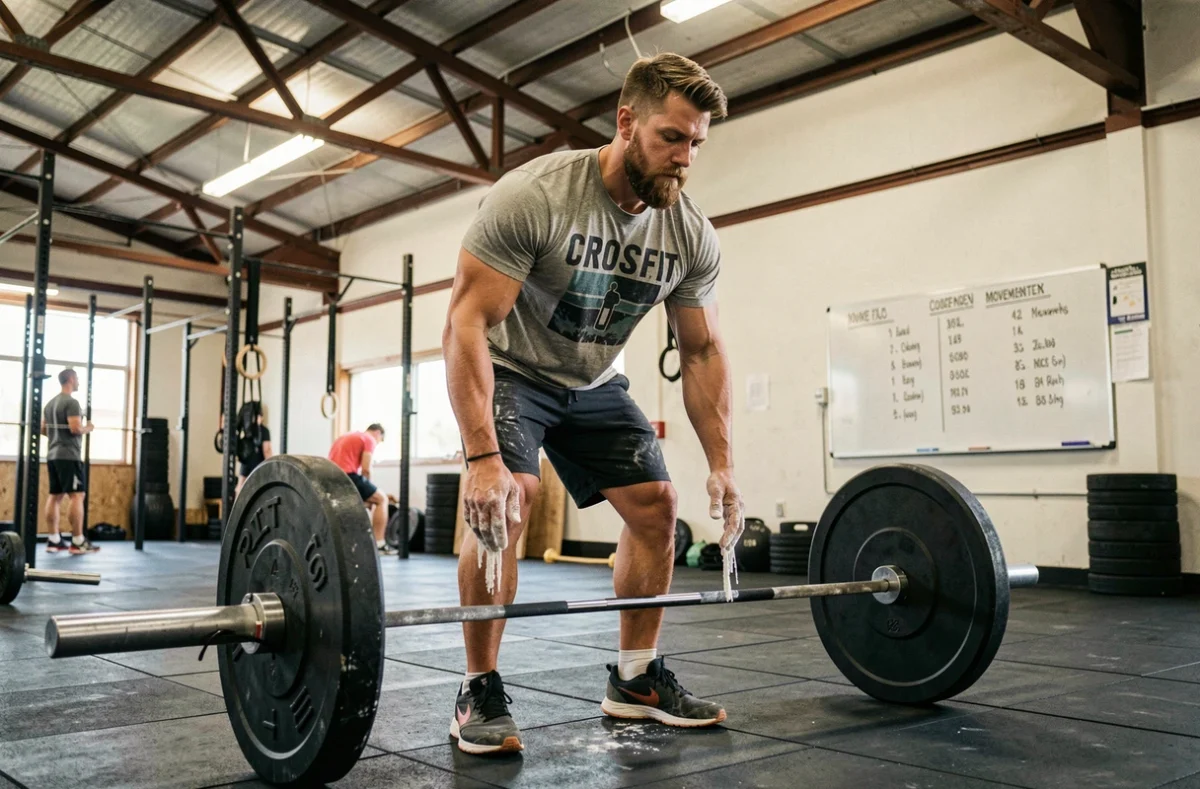 Athlète masculin CrossFit face à une barre chargée évaluant son niveau Rx ou scaled avant l'Open 2026