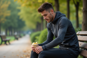 Jeune athlète assis sur un banc de parc en préparant ses chaussures
