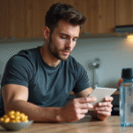 Athlète masculin lisant une étiquette de supplément dans la cuisine