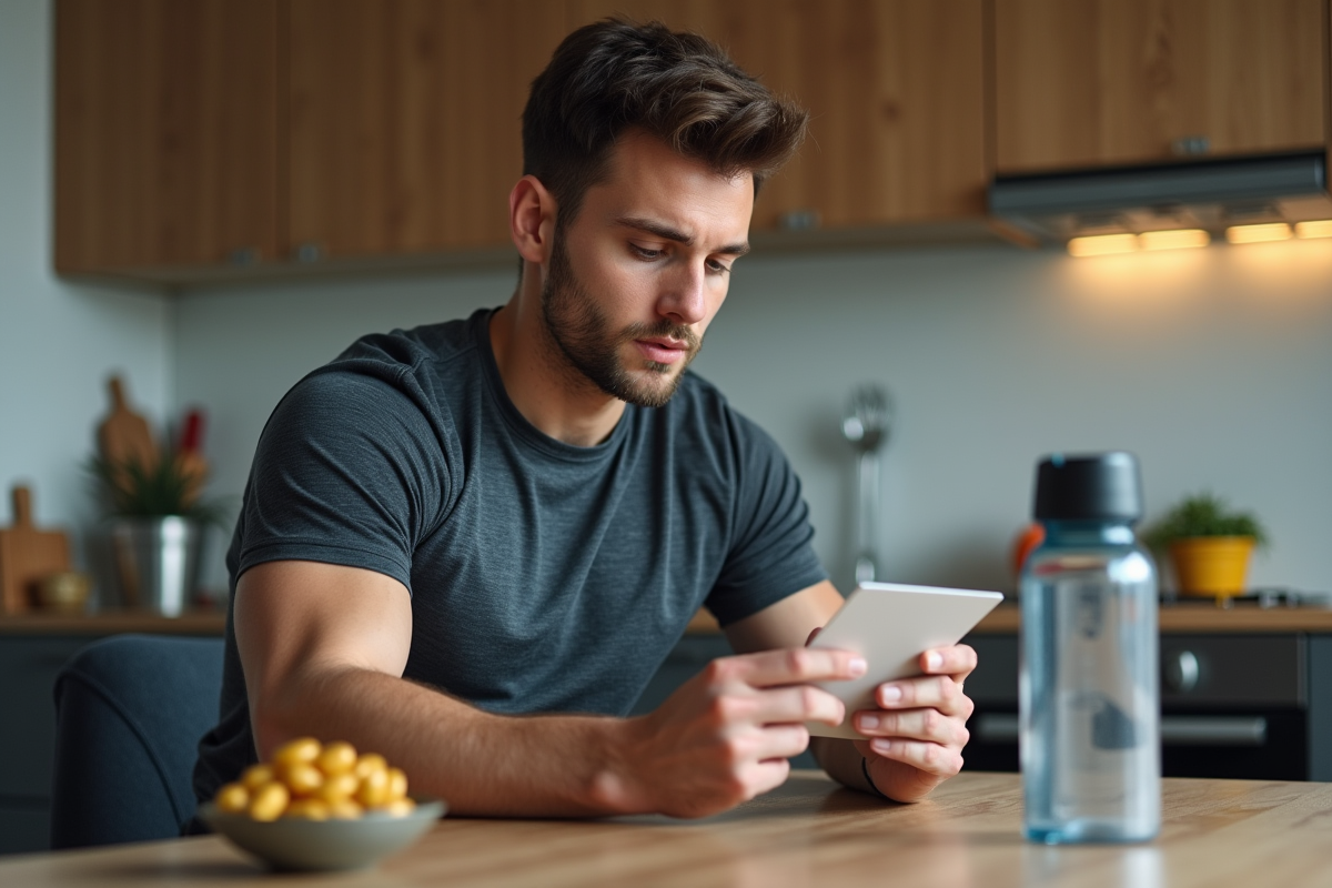 Athlète masculin lisant une étiquette de supplément dans la cuisine