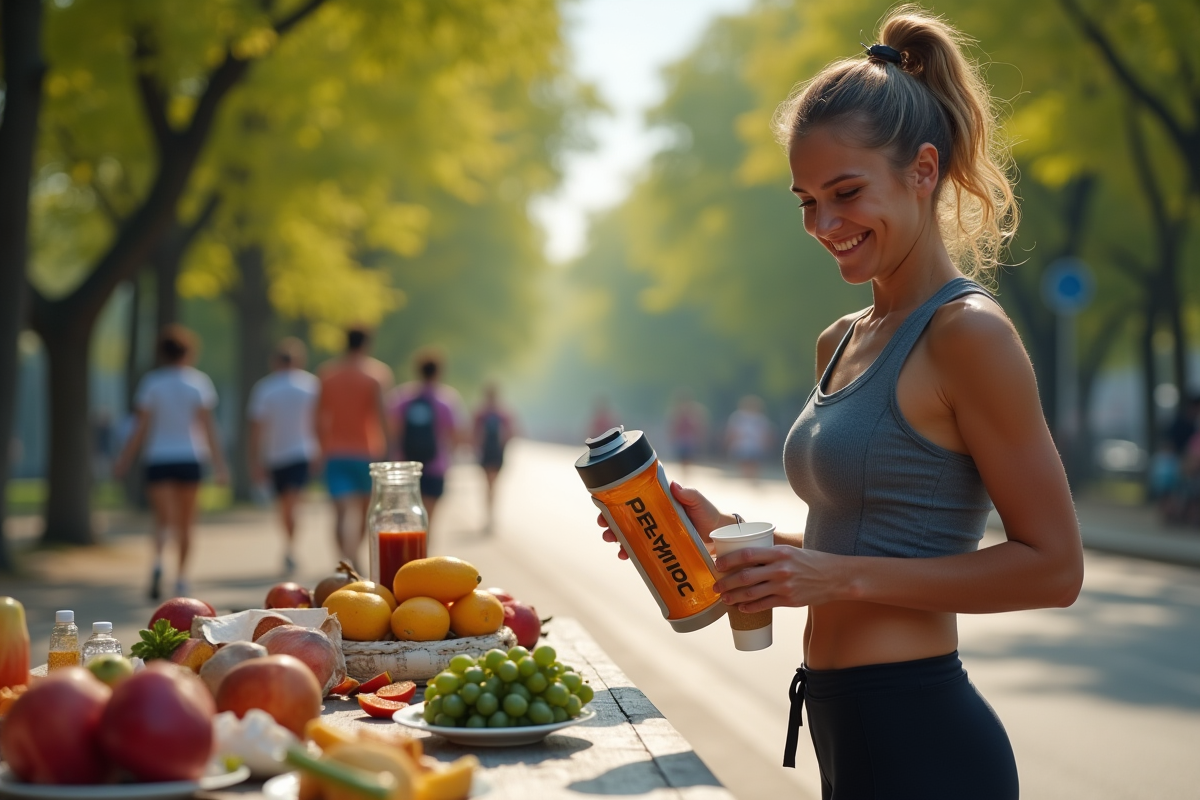 Jeune athlète versant une boisson dans un parc urbain