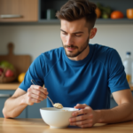 Jeune athlète préparant son petit déjeuner dans une cuisine moderne