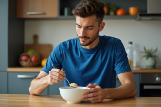 Jeune athlète préparant son petit déjeuner dans une cuisine moderne