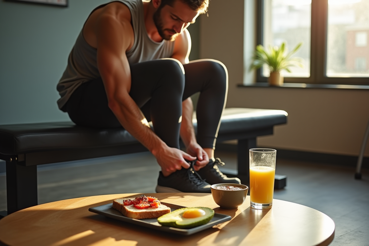 Homme athlète assis sur un banc de gym avec petit déjeuner sain