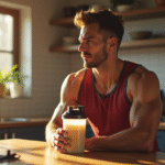 Sportive assise avec shaker de protéines dans une cuisine lumineuse