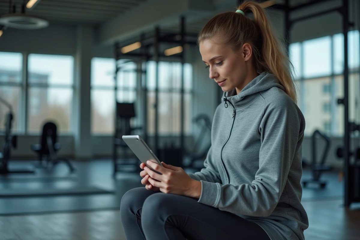 Athlète féminine consultant son suivi de progression sportive sur une tablette numérique en salle d'entraînement