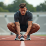 Jeune athlète homme en préparation sur piste d'athlétisme