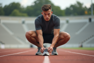 Jeune athlète homme en préparation sur piste d'athlétisme