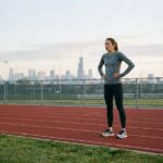Jeune femme en course matinale sur piste extérieure
