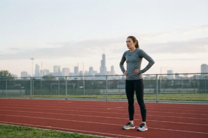 Jeune femme en course matinale sur piste extérieure