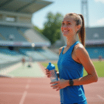 Jeune femme sportive en plein air sur piste d'athlétisme