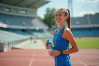 Jeune femme sportive en plein air sur piste d'athlétisme
