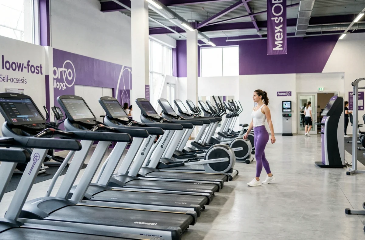 Femme marchant devant une rangée de tapis roulants dans un Basic-Fit avec signalétique violette et blanche