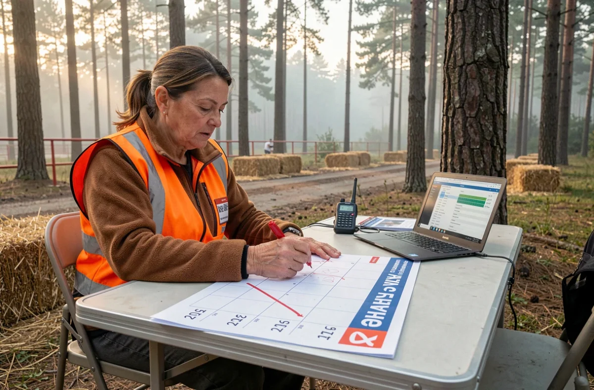 Bénévole d'organisation de rallye mettant à jour le calendrier des épreuves 2026 à l'entrée d'une spéciale forestière