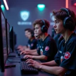 L'équipe BMS Esport réunie dans leur salle d'entraînement, concentrée devant leurs stations de jeu lors d'une session compétitive