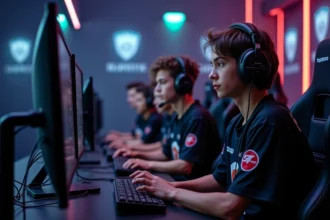 L'équipe BMS Esport réunie dans leur salle d'entraînement, concentrée devant leurs stations de jeu lors d'une session compétitive
