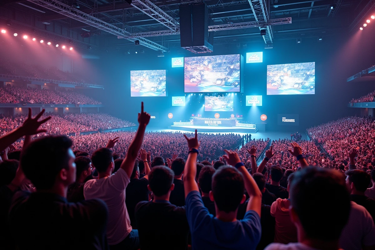 Ambiance électrique dans une salle de tournoi esport lors d'un événement organisé par BMS Esport et The Black Mafia, avec le public en effervescence
