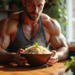 Muscleur en tenue de sport mangeant du riz brun sain