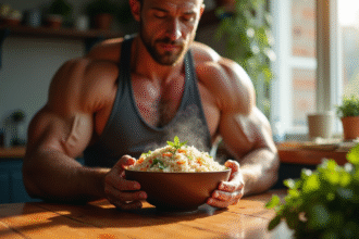 Muscleur en tenue de sport mangeant du riz brun sain