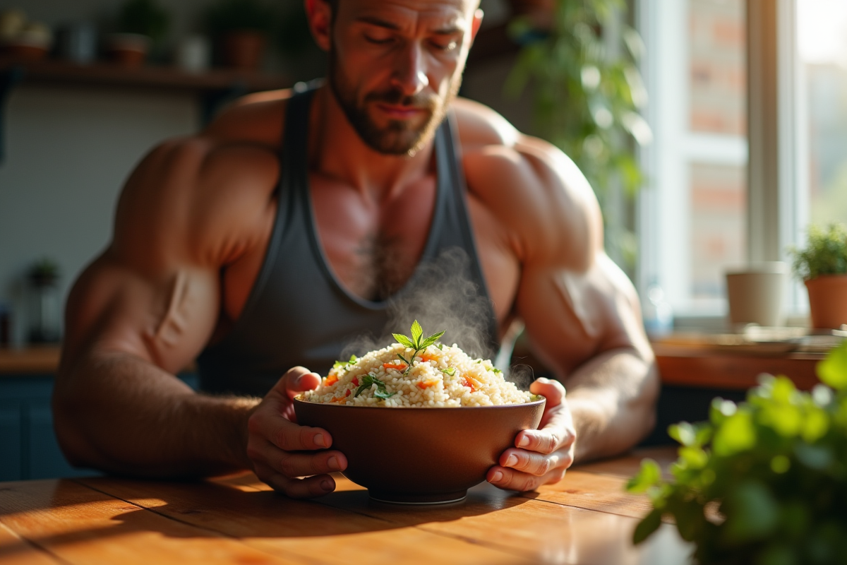 Muscleur en tenue de sport mangeant du riz brun sain